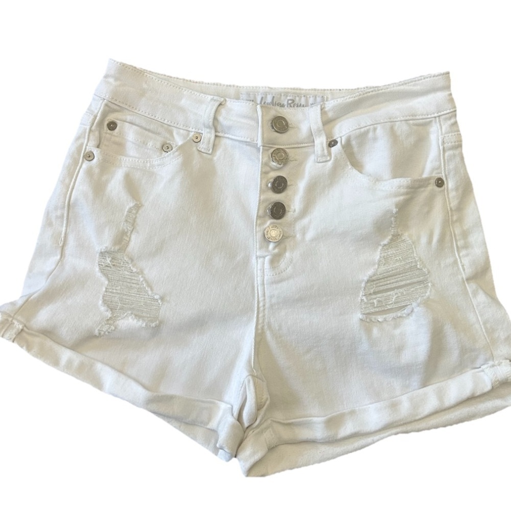 Indigo ReinJuniors Shorts 7 27 Cut Off Stretch Jeans White button closure